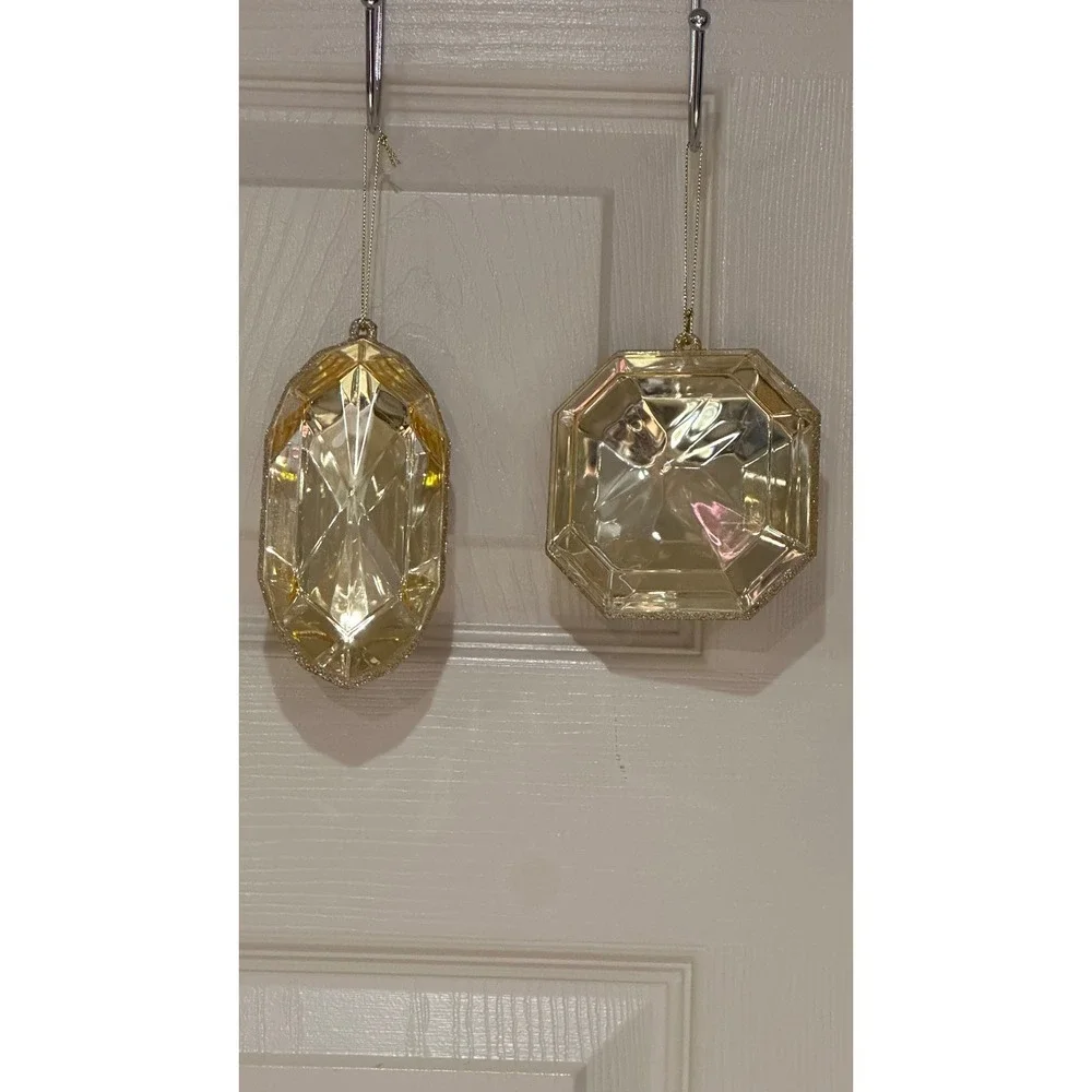 Set of 4 Large Champagne Gold Faceted Gemstone Christmas Ornaments Jewel Decor